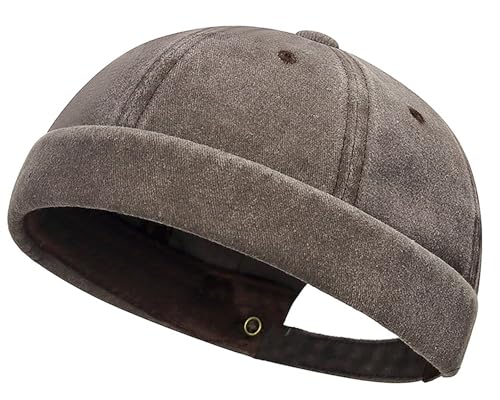 DIYDECAL Vintage Washed Cotton Sailor Docker Cap for Men, Brimless Skull Cap with Classic Retro Style - color: Coffee