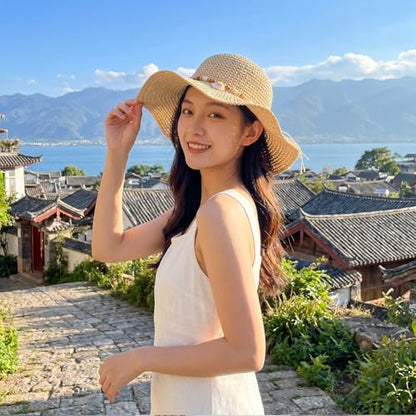 Womens Foldable Straw Sun Hat Summer Wide Brim Crochet Bucket Hats UPF 50+ Travel Beach Fedora Fisherman Cap Sombrero Hat - color: Beige