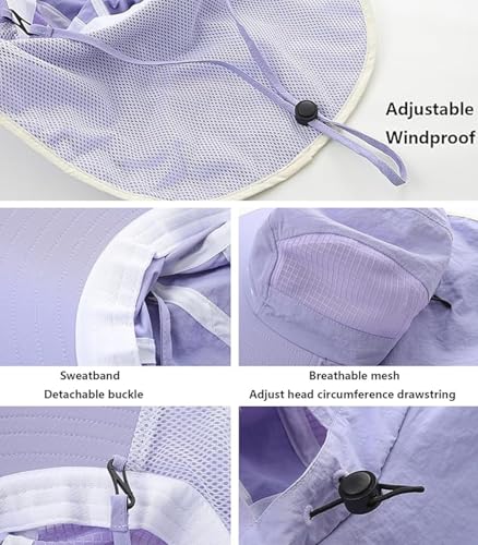UV Sun Protection Hat Women Foldable Neck Flap Wide Brim Fishing Hat with Ponytail Hole for Women - color: Light-purple