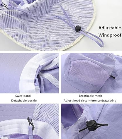 UV Sun Protection Hat Women Foldable Neck Flap Wide Brim Fishing Hat with Ponytail Hole for Women - color: Light-purple