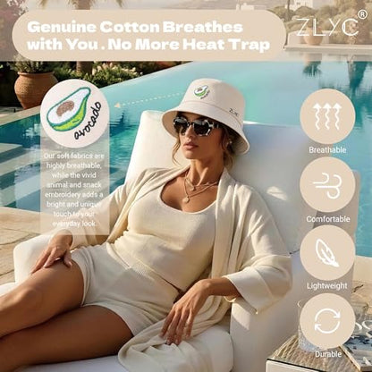 ZLYC Cotton Bucket Hat for Women Men Embroidered Packable Summer Sun Cap - color: Avocado Beige