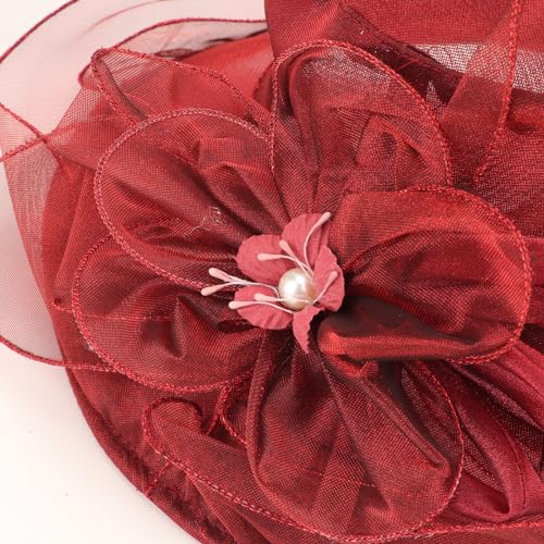 AQOKKA Women Organza Church Fascinators Kentucky Derby Hats for Women and Girls Wedding Flower Tea Party Hat with Wide Brim - color: Simulated Flower : Burgundy