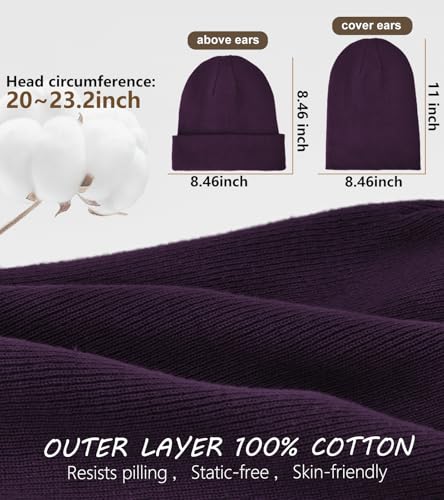 Satin Lined Beanie for Women Men, Cotton Knit Winter Beanies Hat - color: Purple
