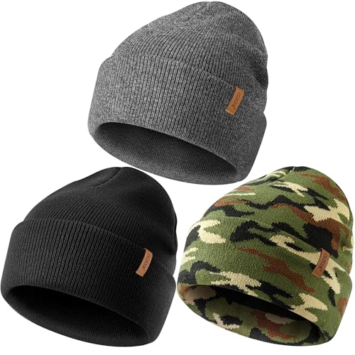 Beanie for Men Women, Winter Double Layer Warm Hat Skull Cap - color: Camouflage 2+black+dark Grey