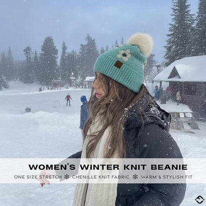 Funky Junque Beanie for Women Ultra Soft Chenille Faux Fur Pom Pom Winter Hats Warm Ski Cap Fashion - color: Daisy - Mint