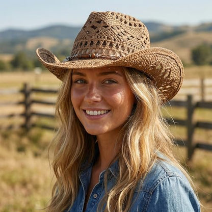 Straw Cowboy Hat for Women, Cowgirl Hat Wide Brim Western Cowboy Hat - color: Style4