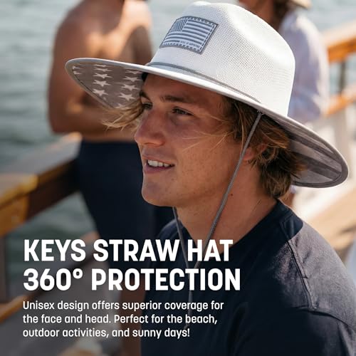Soul of Adventure Keys Straw Hat for UV Sun Protection | UPF 50+ Sun Protection, Adjustable Drawstring - color: Ghost American Flag