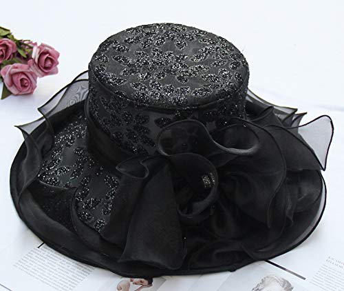 ORIDOOR Women’s Organza Church Tea Party Wedding Fascinator Derby Hat Wide Brim Sun Hats - color: Black