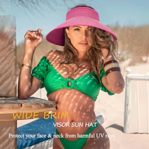 Women's Sun Visor Hats Wide Brim Straw Beach Hat Ponytail Hats for Women Foldable Floppy - color: 1pack-rose