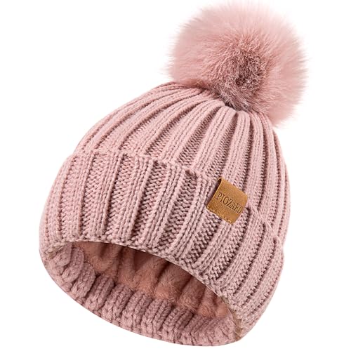 Womens Winter Beanie Hat Fleece Lined Warm Skull Cap with Faux Fur Pom Cuff Knitted Hat for Women - color: Dark Pink