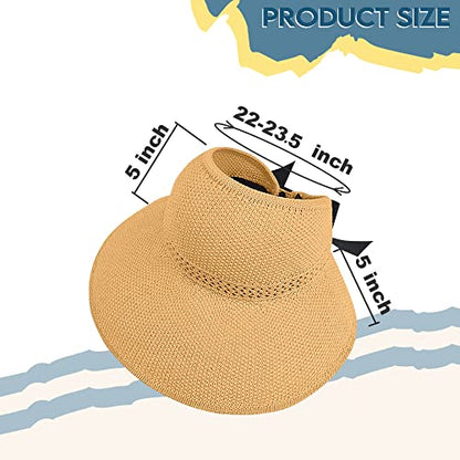 Straw Sun Visor for Women, Wide Brim UPF 50+ Protection Beach Hat, Adjustable, Roll Up Foldable Ponytail Cap with Chin Strap - color: A Mustard