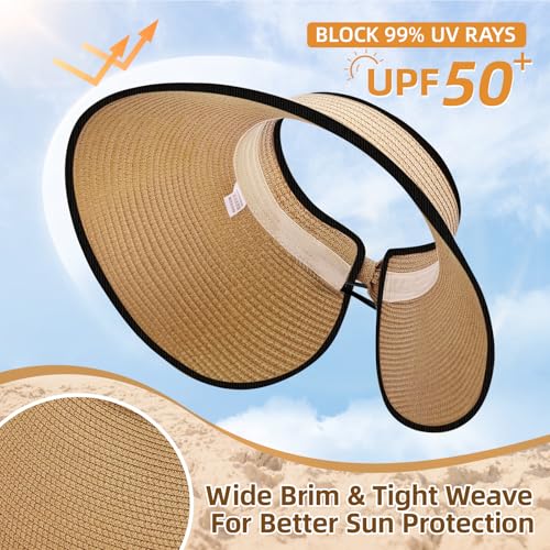 Sun Hats for Women Wide Brim Straw Sun Visors Ponytail Hat - color: Khaki With Black