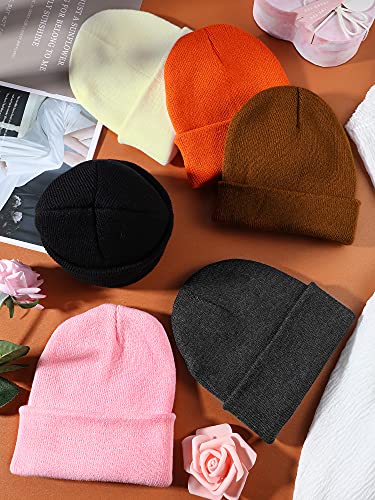Geyoga 6 Pieces Multicolor Winter Beanie Hats Warm Knitted Cuffed Skull Cap for Adults - color: White, Pink, Dark Orange, Black, Black and Caramel