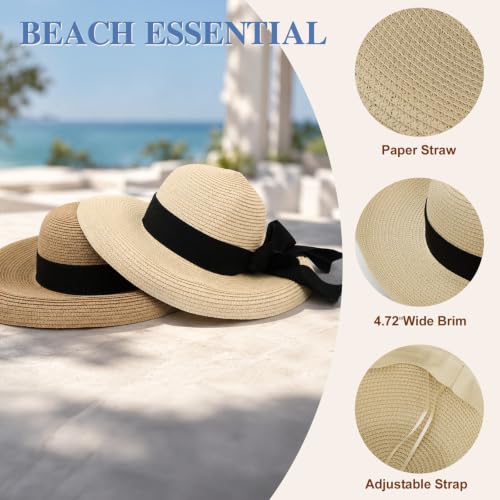 Surblue Women's Beach Straw Hat, Wide Brim Sun Hat with Black Bow - color: Khaki