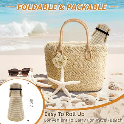 Sun Hats for Women Wide Brim Straw Sun Visors Ponytail Hat - color: Beige White Stripe