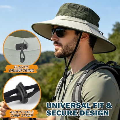 Wide Brim Sun Bucket Hat, Waterproof Boonie Hat for Men & Women - color: 02 Beige+army Green