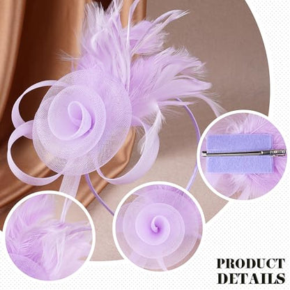 Zinniday Victorian Feather Fascinators Hats - 2025 Derby Attire Headwear with Hairpin,1920s Tea Party Hat for Woman - color: Light Purple