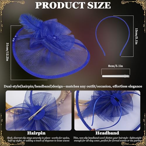Fascinators Hats for Women Tea Party Hat Vintage Feather Mesh Headband Hair Clip Flower Headwear for Wedding Cocktail Church - color: Royal Blue