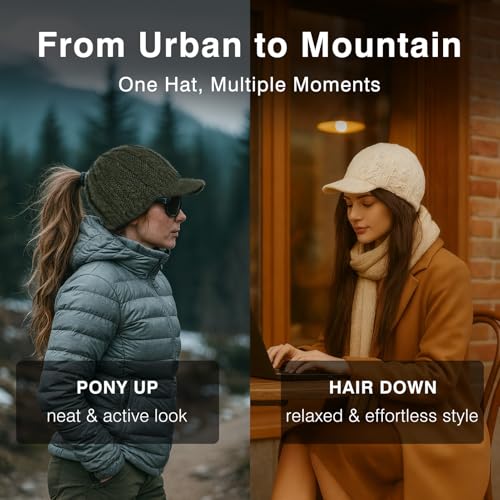 ChicPony™ Merino Wool Visor Ponytail Beanie with Brim Fleece Lined 3 Bun Openings Hole Warm Windproof Knit Cap Winter Hat - color: Midnight Blue(pony)