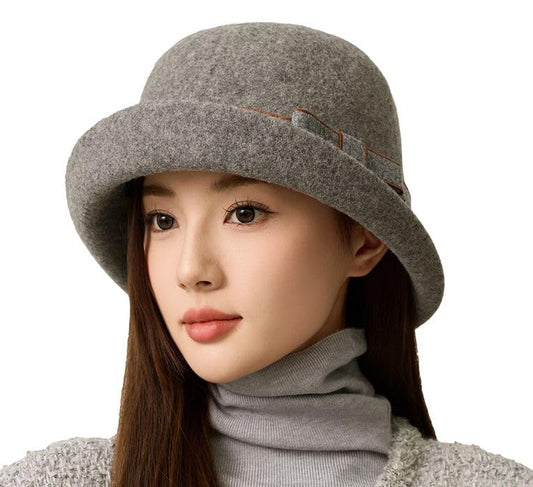 Women Vintage Felt Cloche Hats Winter Fall Solid Fedora Bucket Caps Elegant Bowler Hat Bowknot - color: Grey