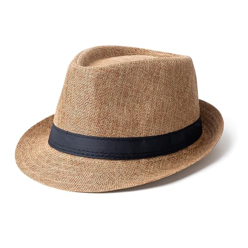 Classic Short Brim Fedora Summer Beach Trilby Hat - color: Black Band-khaki