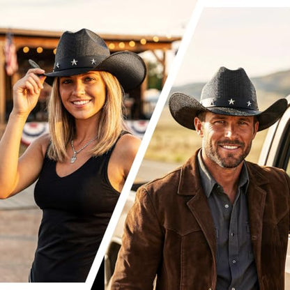 FLUFFY SENSE. Cowboy Hat for Women and Men - Straw Cattleman Crease Western Hats with Upgrade 4 inches Shapeable Wide Brim - color: Black