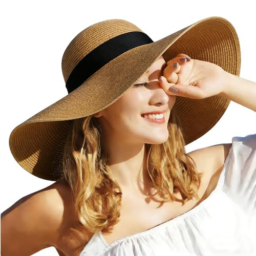 Women Wide Brim Sun Hat UPF50 Straw Summer Hat Foldable Packable Floppy Beach Hat UV Protection Boho Visor Fashion Outdoor for Beach Travel Vacation Khaki