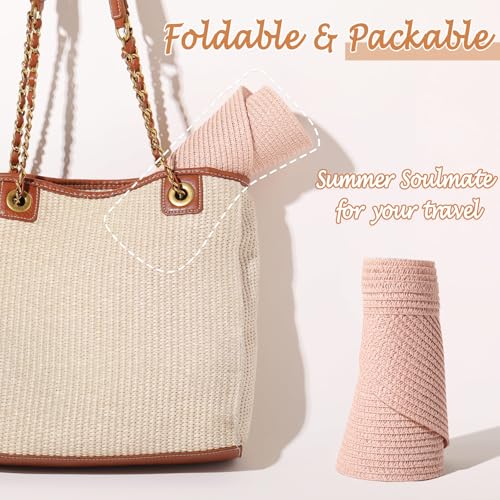 Chicingyou Sun Visor Hat for Women Wide Brim Straw Visors Beach Hat Ponytail UV UPF Packable Foldable Travel - color: Pink