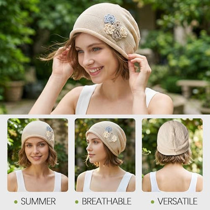 Ababalaya Breathable Cotton Linen Slouchy Beanie Hat for Women - color: Beige