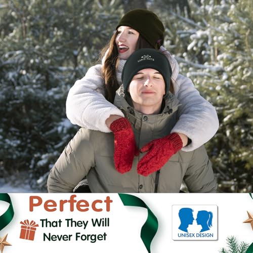 Lvaiz Winter Fleece Lined Beanie Hat for Men Women Reversible Skull Cap - color: Olive Green+grey