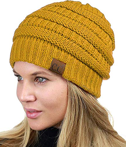 C.C Unisex Chunky Soft Stretch Cable Knit Warm Fuzzy Lined Skully Beanie - color: Mustard