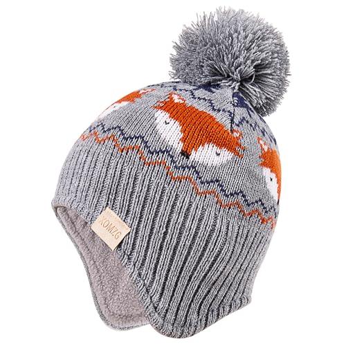 Beanie Knit Hats for Toddlers with Earflap Fleece Lined Hat Kids Warm Winter Hat Scarf Set Children's Thick Ski Cap - color: Fox-gray