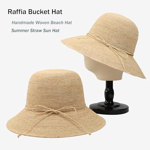 Women's Raffia Straw Bucket Hat Foldable Summer Sun Hat Handmade Woven Beach Hat Portable Travel Natural Straw Cap - color: Brim 3.1"