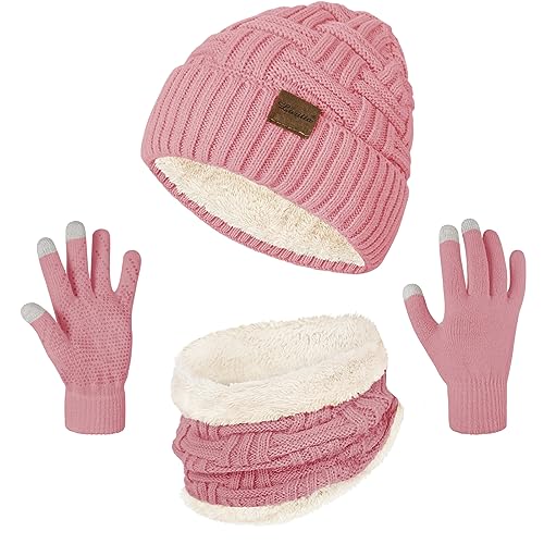 Loritta 3-Pieces Winter Hats for Women Warm Scarf Touchscreen Gloves - color: Pink