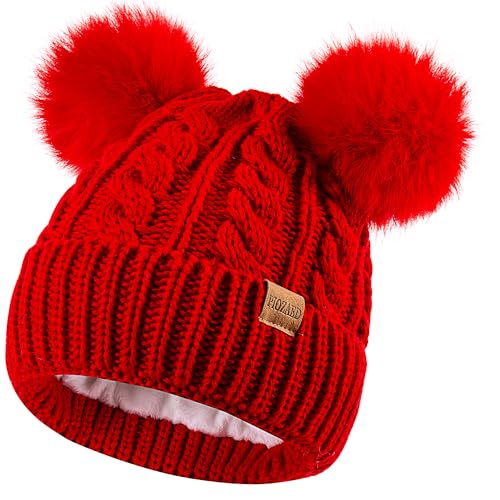 Women's Winter Hat Soft Knit Beanie with Faux Fur Pom Hat with Warm Fleece Lining Skull Cap for Women - color: Red