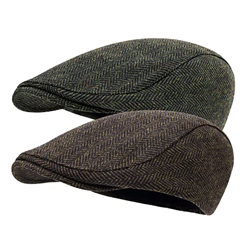 STARANCE Men Wool Newsboy Cap - color: Herringbone Coffee/Herringbone Green