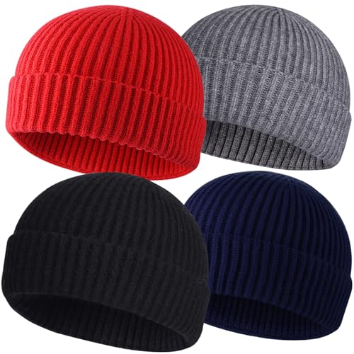 ROYBENS Wool Fisherman Beanies for Men Knit Short Watch Cap Winter Warm Hat - color: 4pcs-black, Gray, Red, Navy