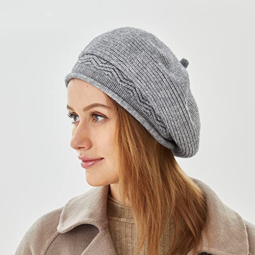 FENELY Beret Hat for Women, French Style Beanie Winter Fashion Warm Thickened Lining Knit Cap - color: Grey