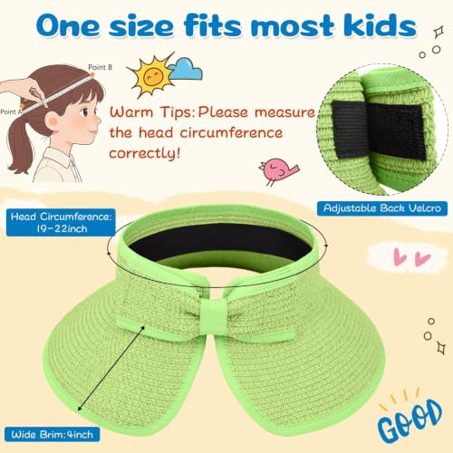 ZOORON Girls Straw Sun Visor Hat, Wide Brim Ponytail Beach Hat with Bow - color: Apple Green