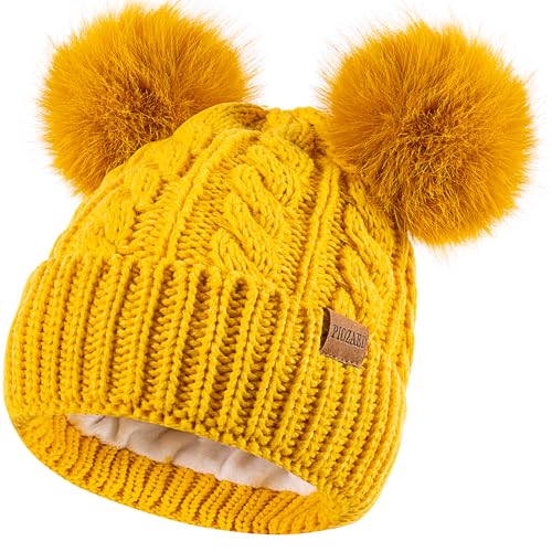 Women's Winter Hat Soft Knit Beanie with Faux Fur Pom Hat with Warm Fleece Lining Skull Cap for Women - color: Yellow