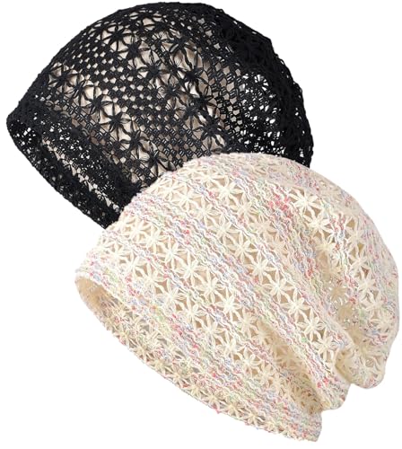 XYIYI Womens Chemo Headwear Hats Cotton Slouchy Beanie Cap Scarf - color: 2pc Lace Mesh Black Beige