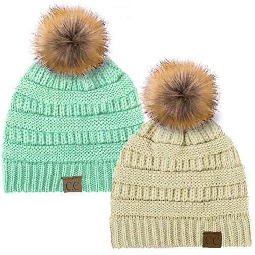 C.C Hat-43 Thick Warm Cap Hat Skully Faux Fur Pom Pom Cable Knit Beanie 2 Pack - color: Beige/Mint