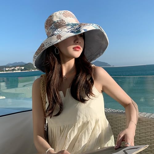 Women Wide Brim Sun Protection Hat Summer Fishing Hats - color: Blue and Leaf Print