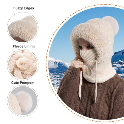HUAMULAN Women Cable Knit Balaclavas Winter Fleece Lined Beanie Hat - color: Beige With String