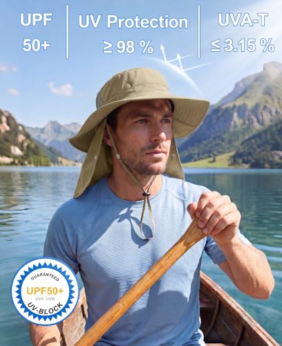 Home Prefer UPF 50+ Wide Brim Sun Hats with Neck Flap Sun Protection Hat for Men Women Gardening Fishing Summer Bucket Hat - color: Light Vert Khaki