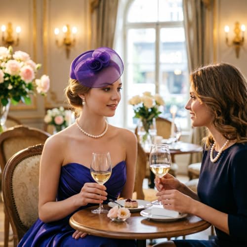DRESHOW Fascinator Hats for Women Cocktail Tea Party Hat Netted Pillbox Hat Vintage Derby Hats for Bridal Wedding - color: Pillbox Hat: Dark Purple