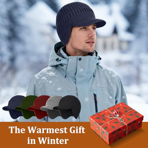 2Pack Men&Women Winter Warm Fleece-Lined Knit Beanie Hats with Brim & Ear Flaps for Cold Weather - color: Black+navy Blue