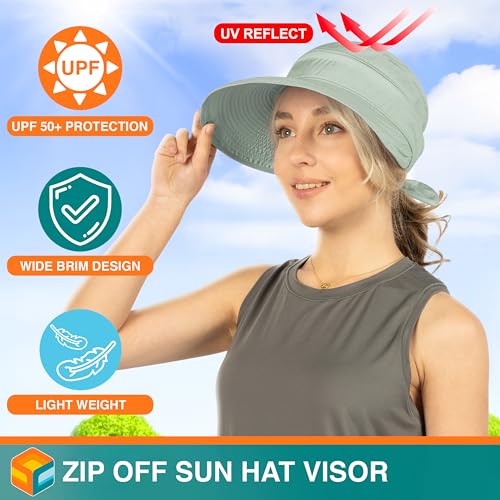 SUN CUBE Womens Sun Hat UV Protection Wide Brim Zip-Off Golf Visor - color: Light Gray