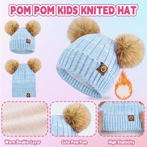 Kids Winter Hat Gloves Scarf Set Girls, Children Beanies Hats with Pom Pom - color: Acid Blue Mix