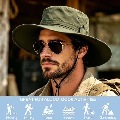 Sun Fishing Hat for Men UPF 50+ Wide Brim Boonie Hats for Summer - color: Army Green